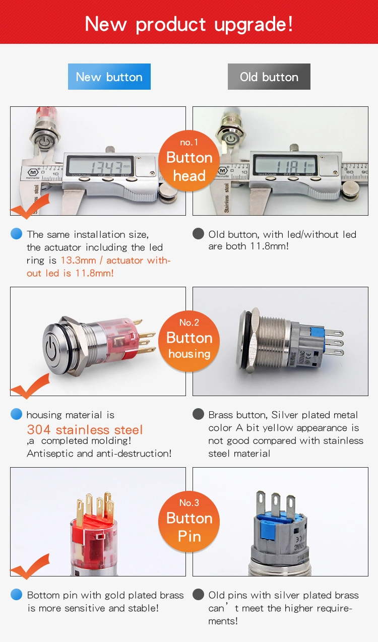 Hban Hbs1-Agq16f-11e/S/12V/Y Self Lock Push Button Switch Metal Electric Switch with Yellow Ring LED