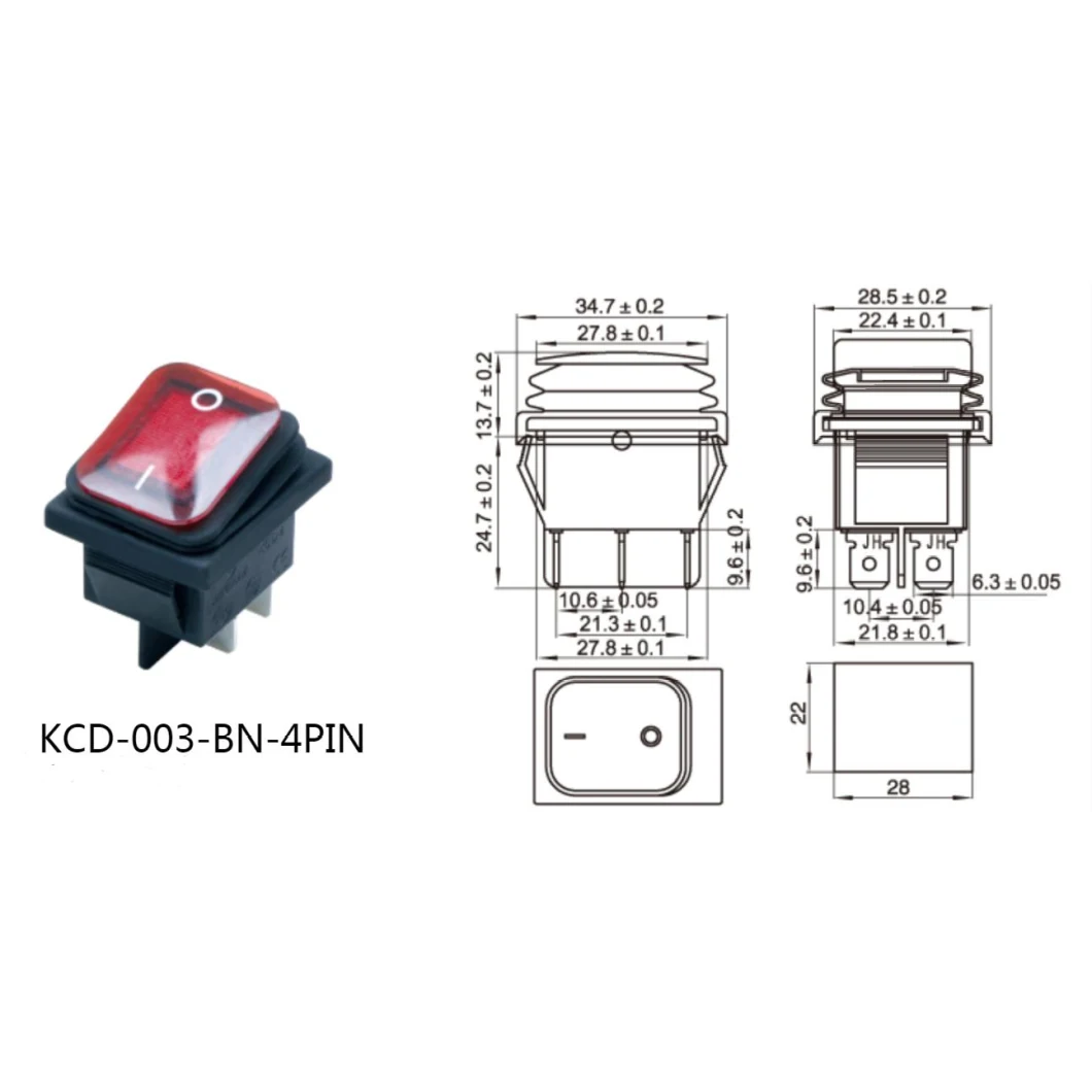 Waterproof Push Button Switch IP65 Panel Mount LED Illuminated Momentary Power Switch on-off Rocker Switch 4pins/6pins with CE Approval (KCD4-003-BN)